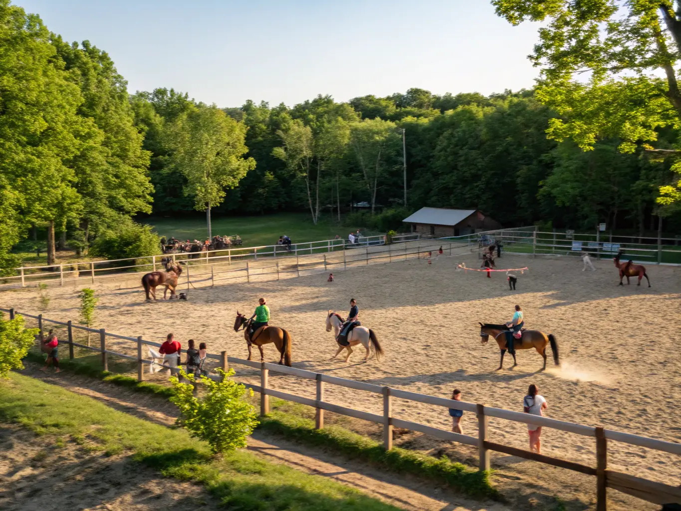 A scenic view of the horse farm with riders of different ages and skill levels participating in a training session, showcasing the diverse and inclusive environment.