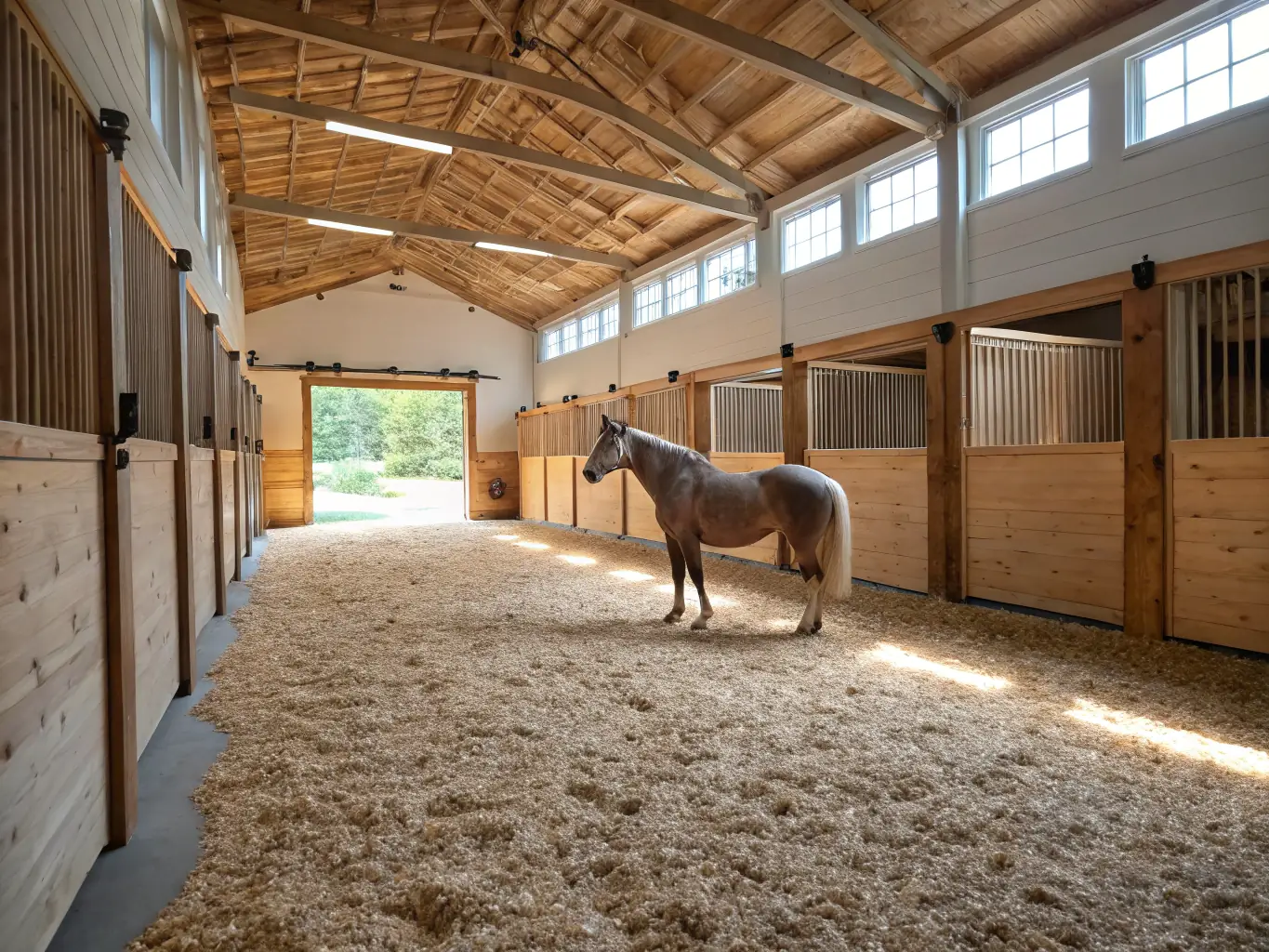 A well-maintained stable with happy and healthy horses, emphasizing the farm's commitment to animal welfare and providing a safe environment.