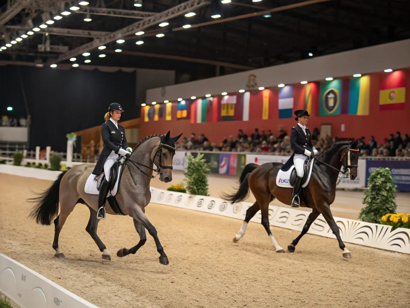 A group of riders participating in a dressage lesson, focusing on posture, balance, and communication with their horses in a serene setting.