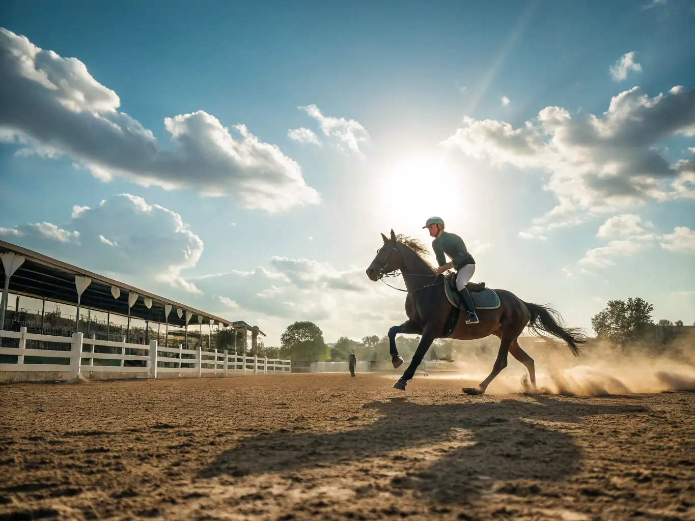 A young rider confidently guiding their horse through a series of jumps in a sunny outdoor arena, showcasing the skill and precision developed through our training programs.