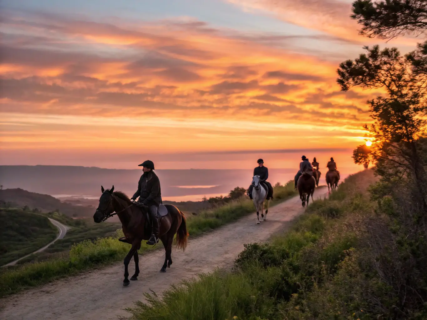 A scenic trail ride through the countryside, with riders enjoying the natural beauty and camaraderie of exploring the outdoors on horseback.